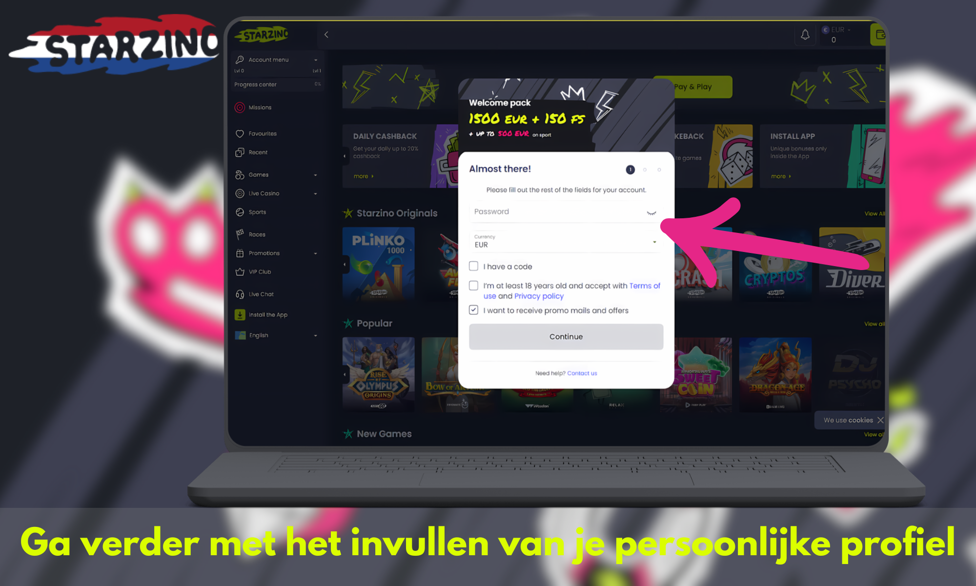 Ga verder met het invullen van het Starzino-registratieformulier